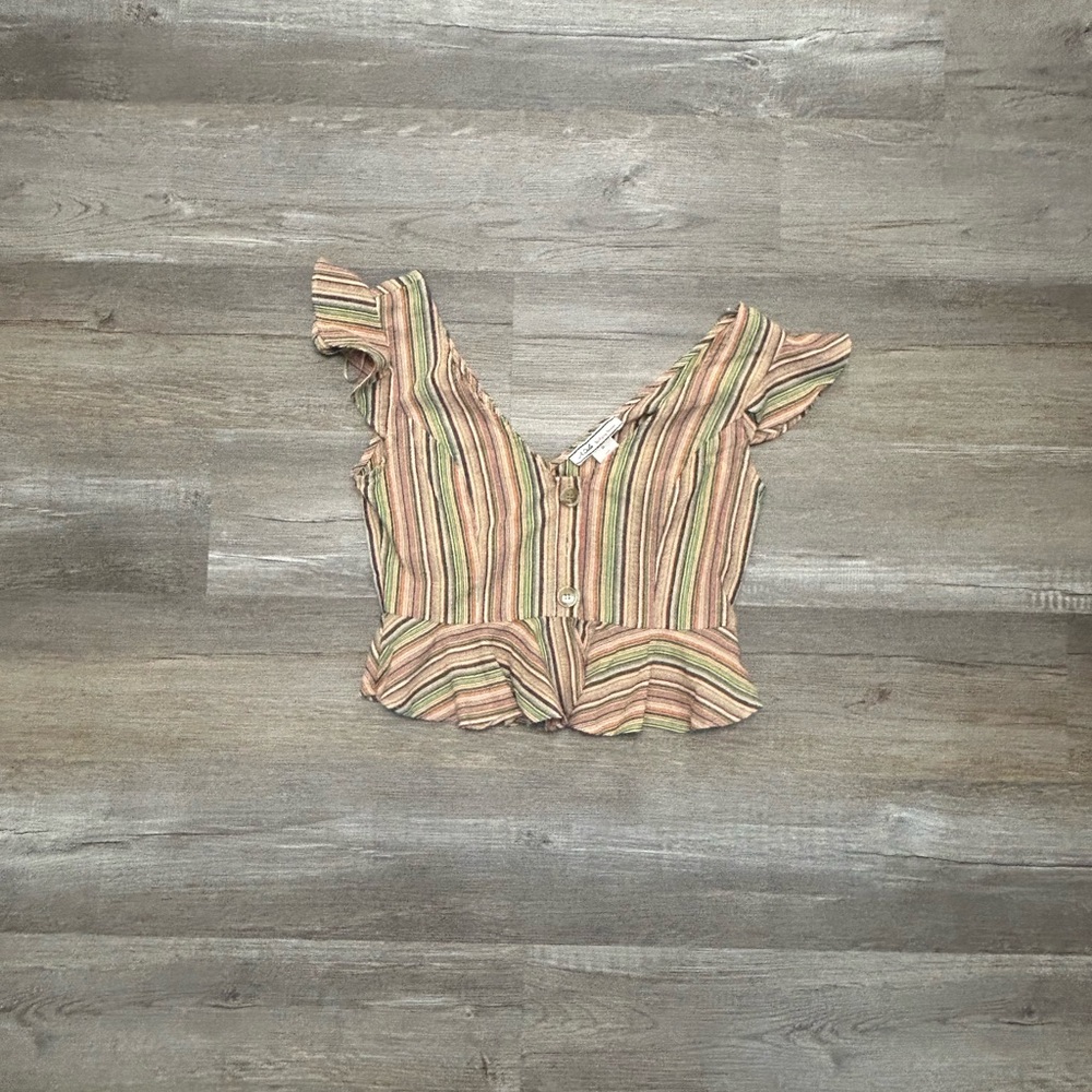 Flying Tomato Tan and Orange Ruffled Peplum Blouse